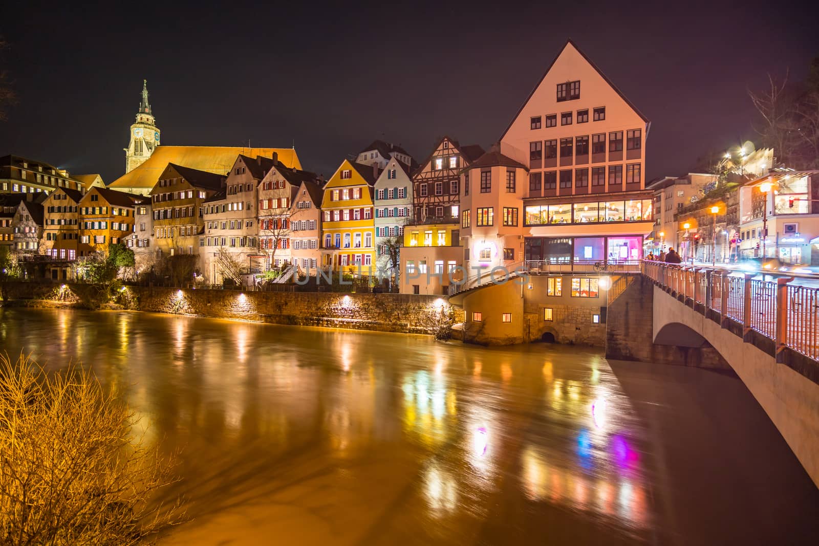 Long-term shots of the wonderful nightlife in the historic old town of Tubingen near the famous Neckar bridge