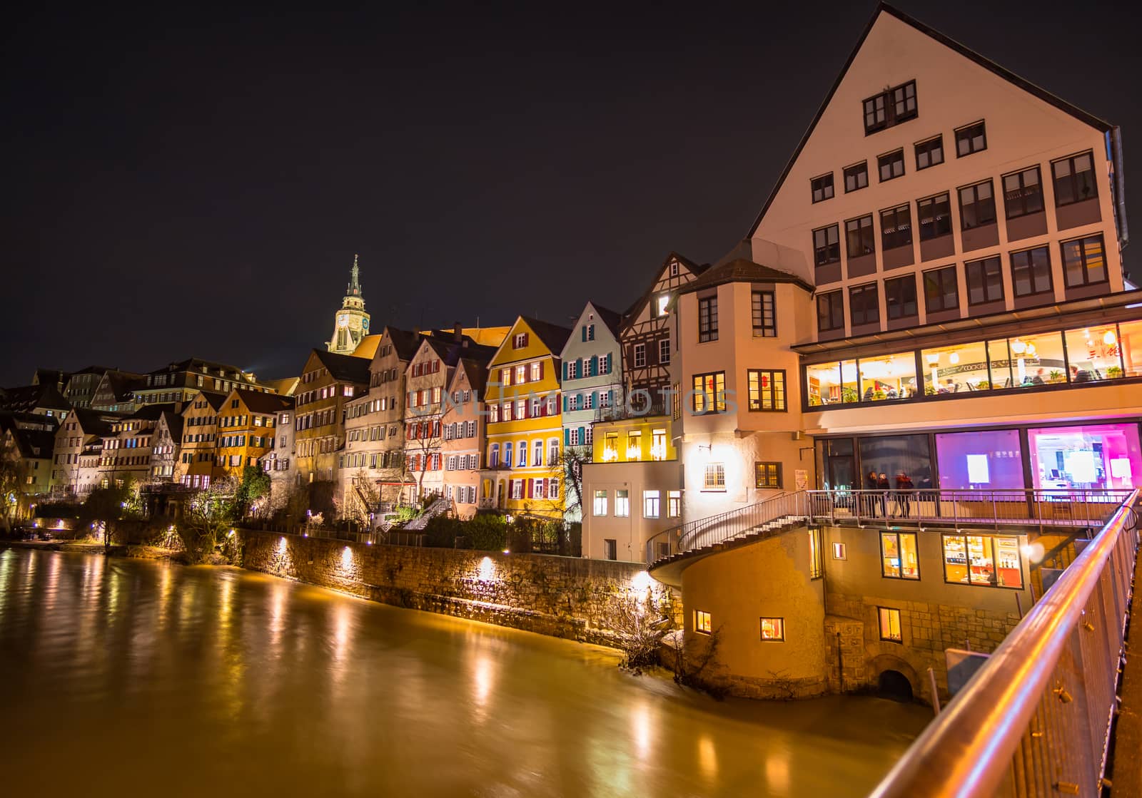 Long-term shots of the wonderful nightlife in the historic old town of Tubingen near the famous Neckar bridge