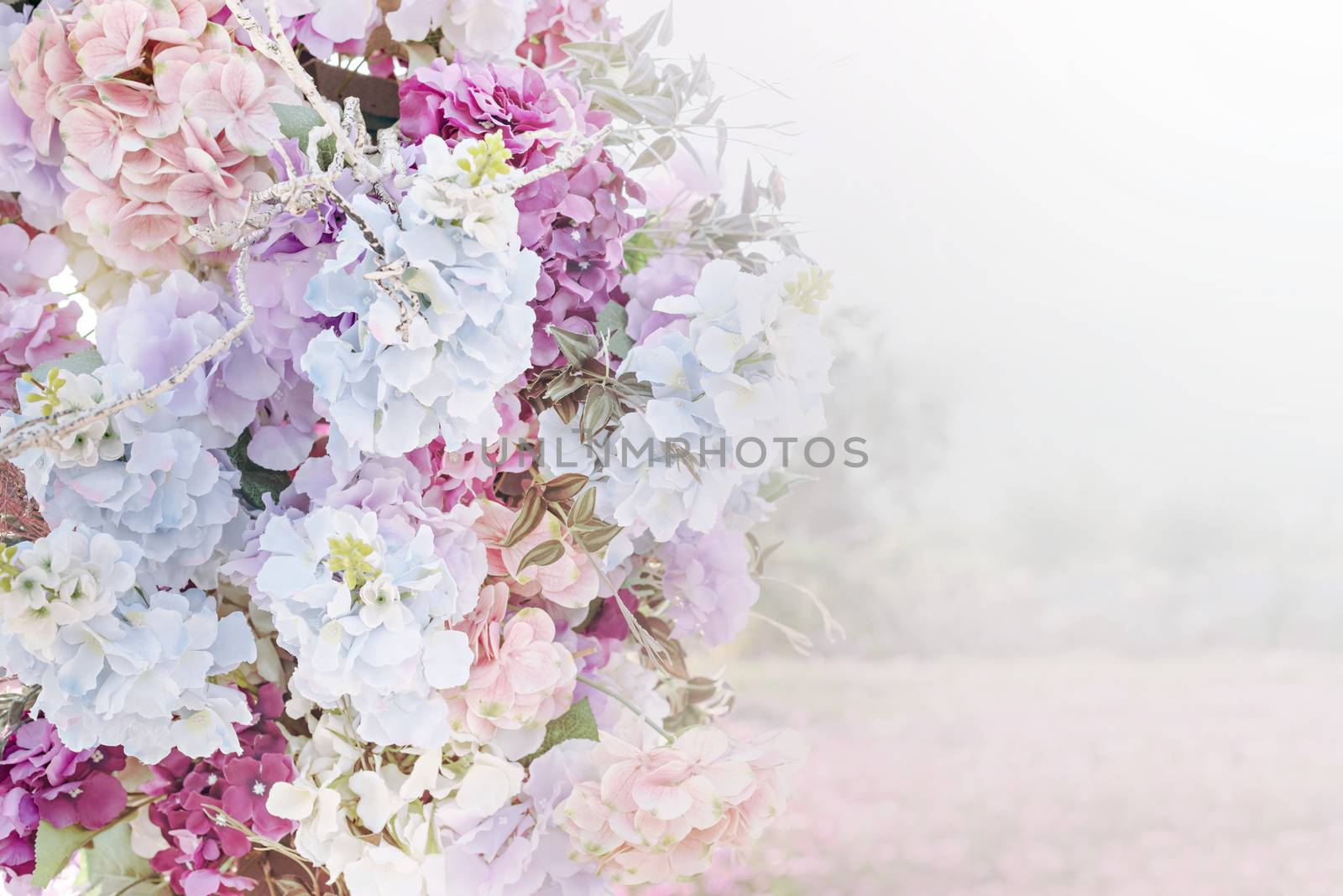 colorful of the plastic flowers bouquet , soft of focus