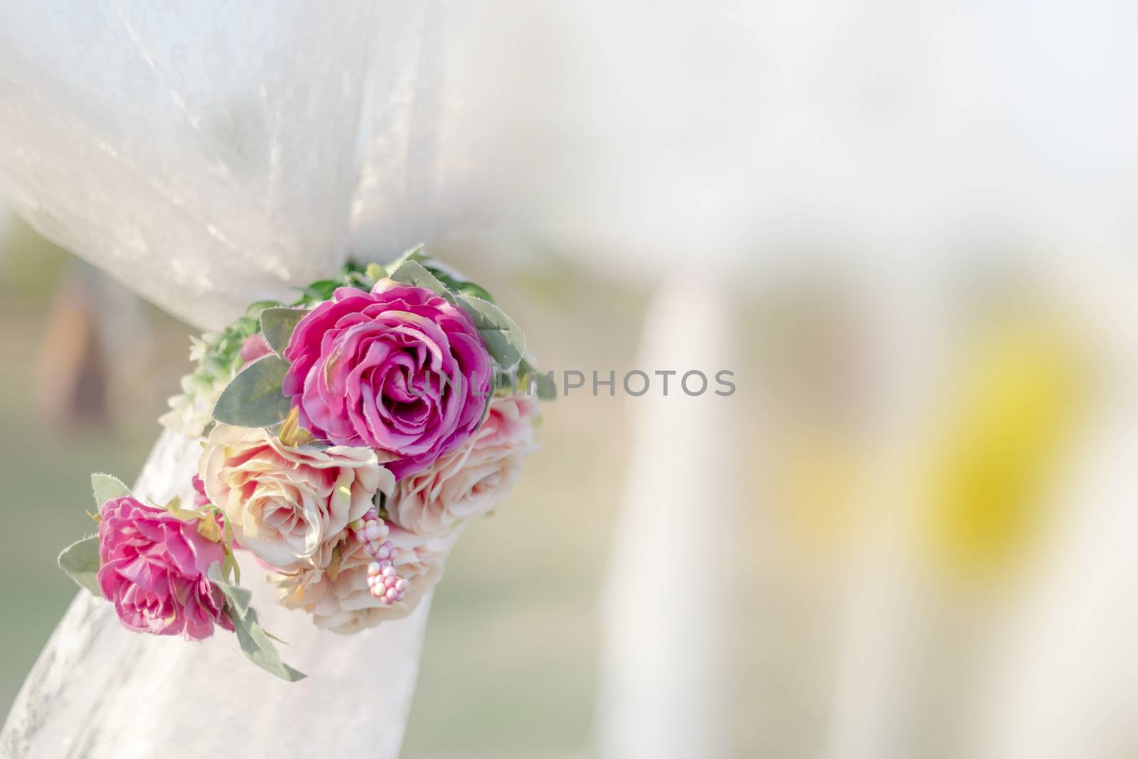 colorful of the plastic flowers bouquet , soft of focus