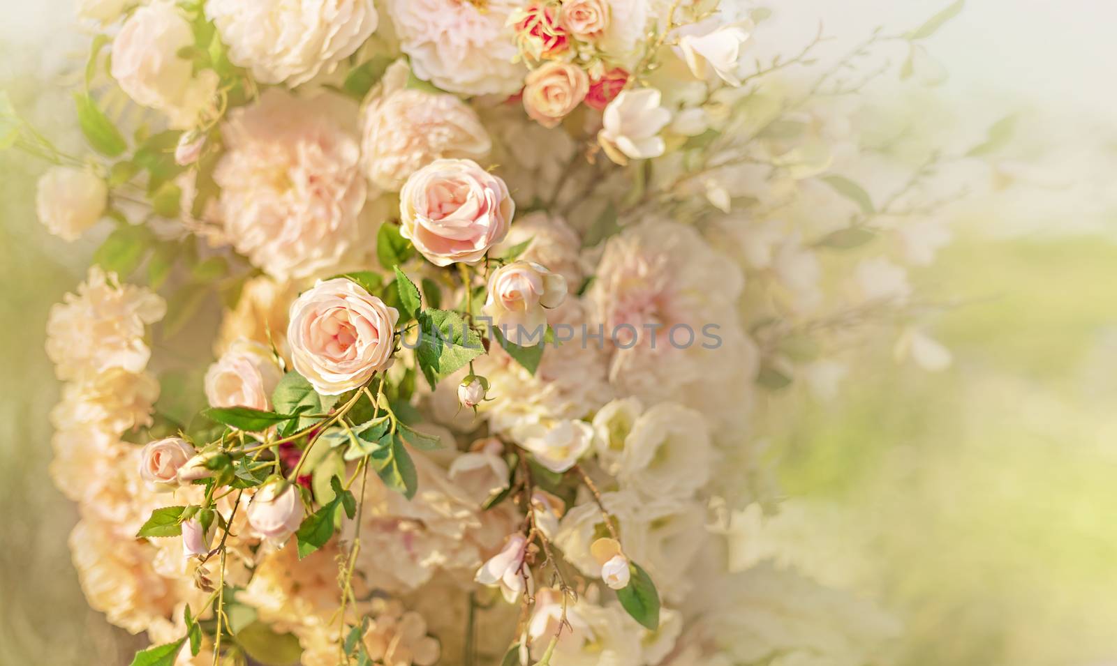 colorful of the plastic flowers bouquet , soft of focus