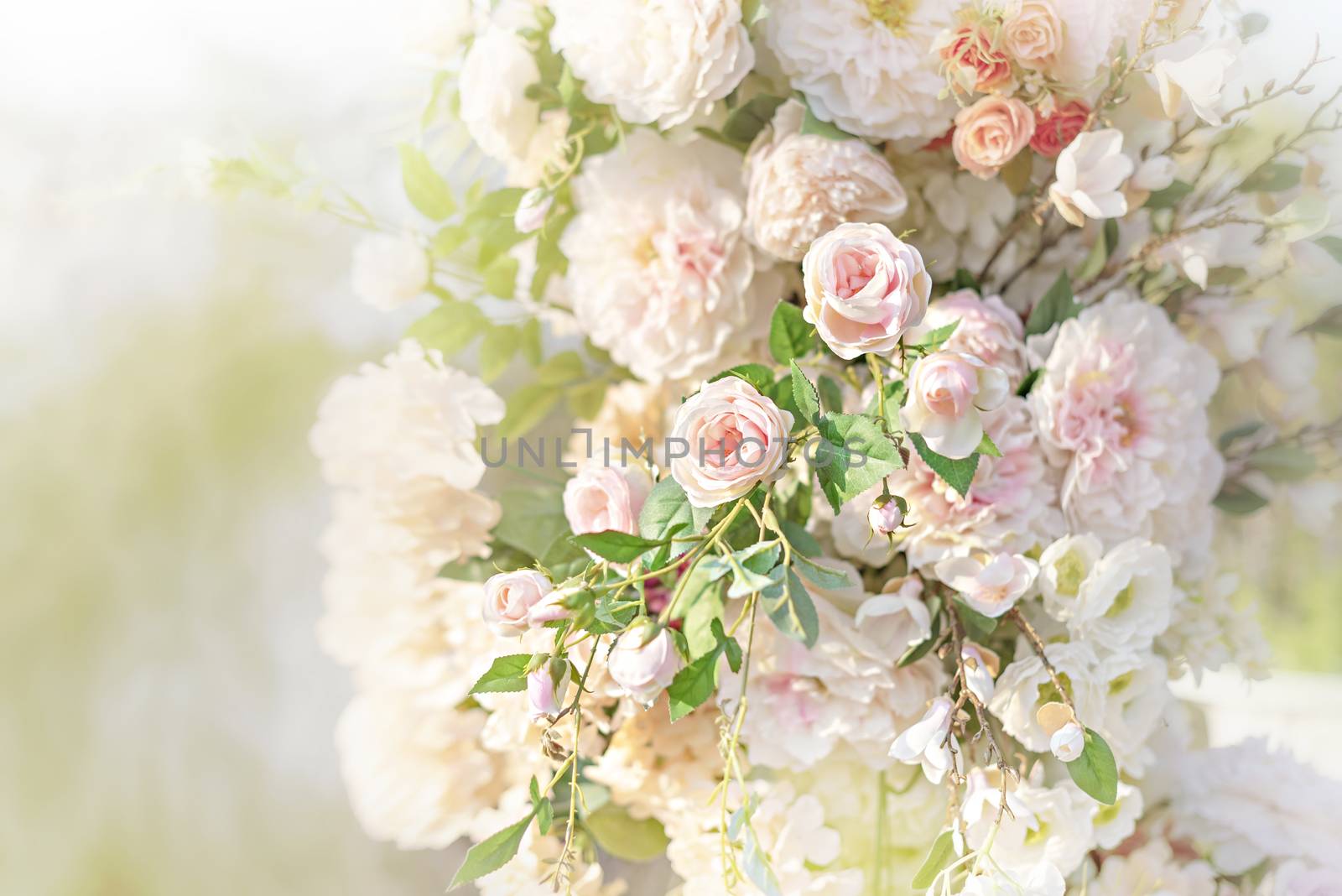 colorful of the plastic flowers bouquet , soft of focus