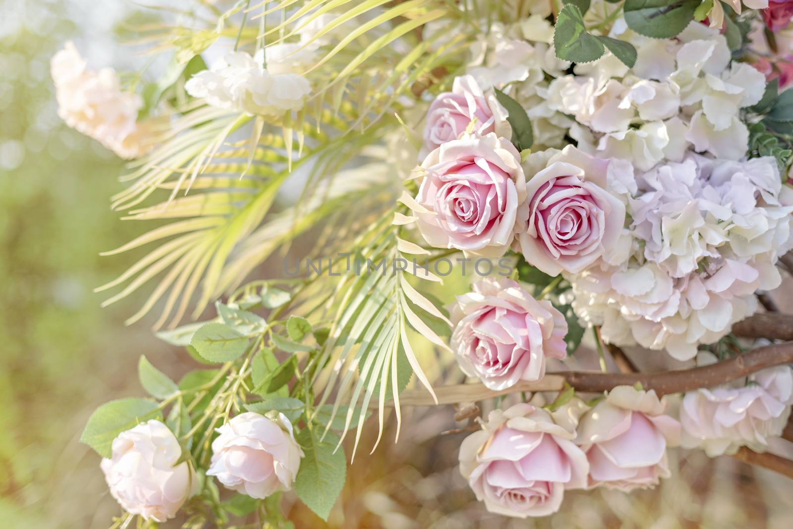 colorful of the plastic flowers bouquet , soft of focus