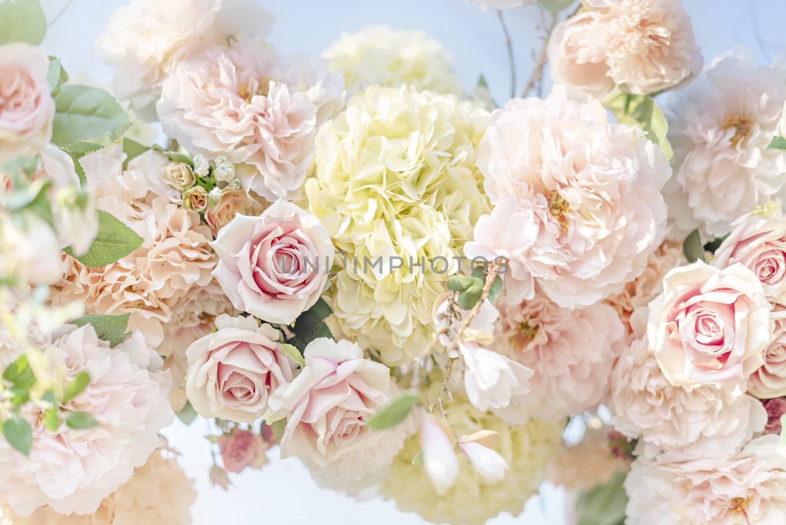 colorful of the plastic flowers bouquet , soft of focus