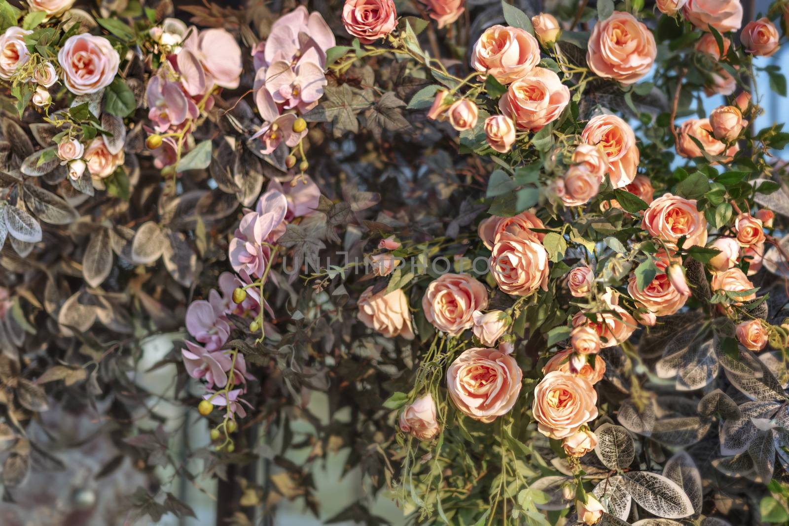 colorful of the plastic flowers bouquet , soft of focus