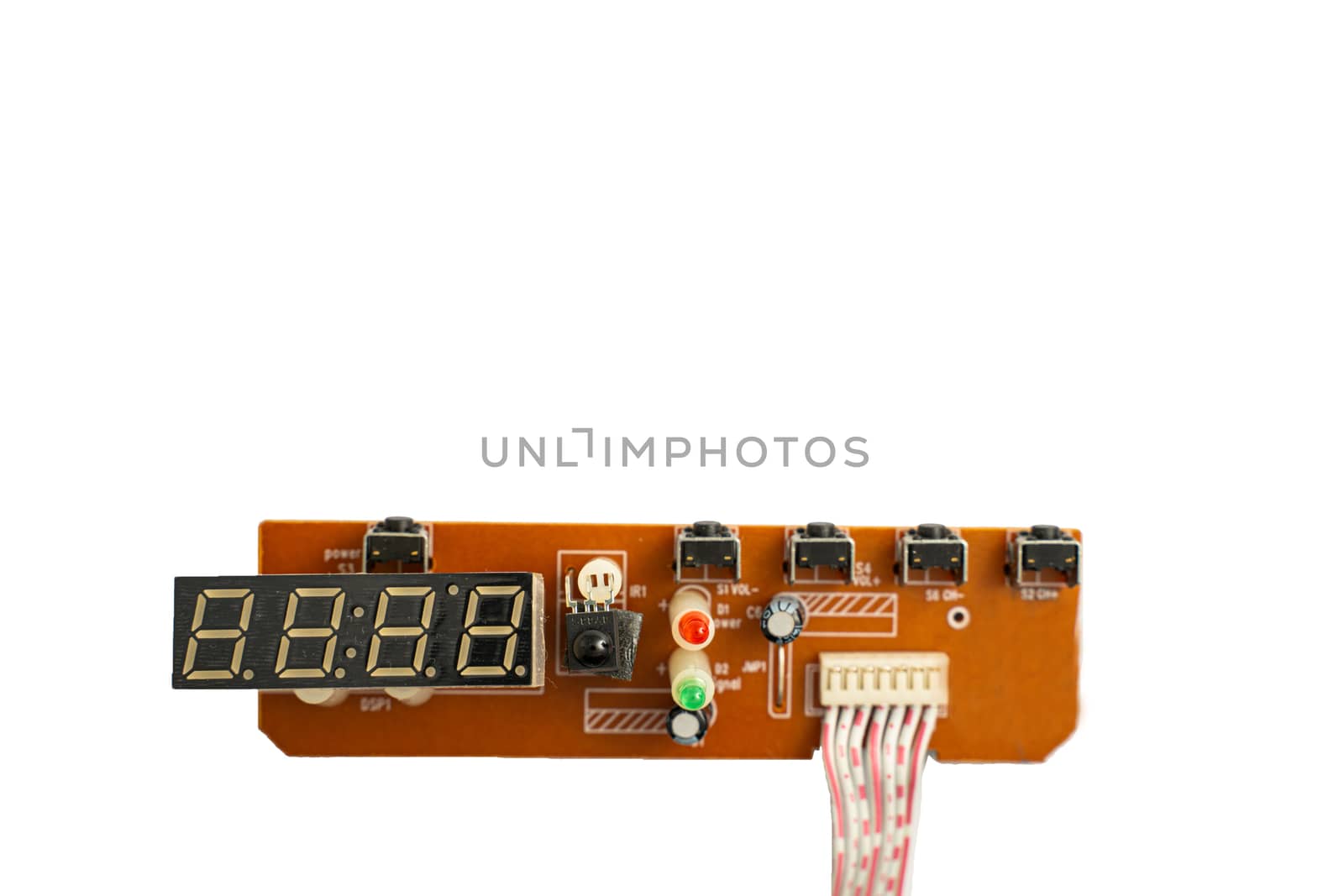 seven segment LED mounted on PCB and isolated on white back ground by peerapixs