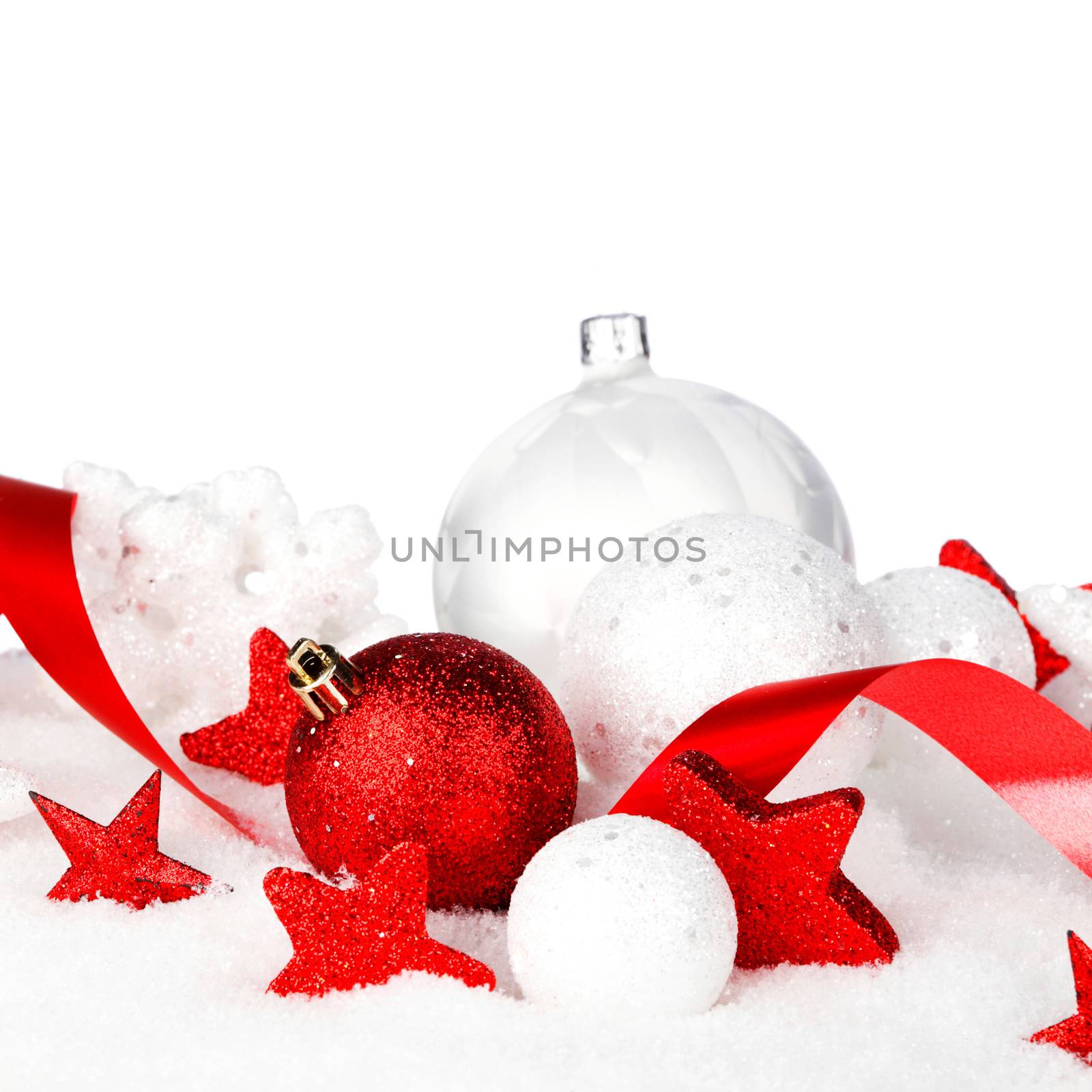 Christmas card with beautiful decorations in snow isolated on white