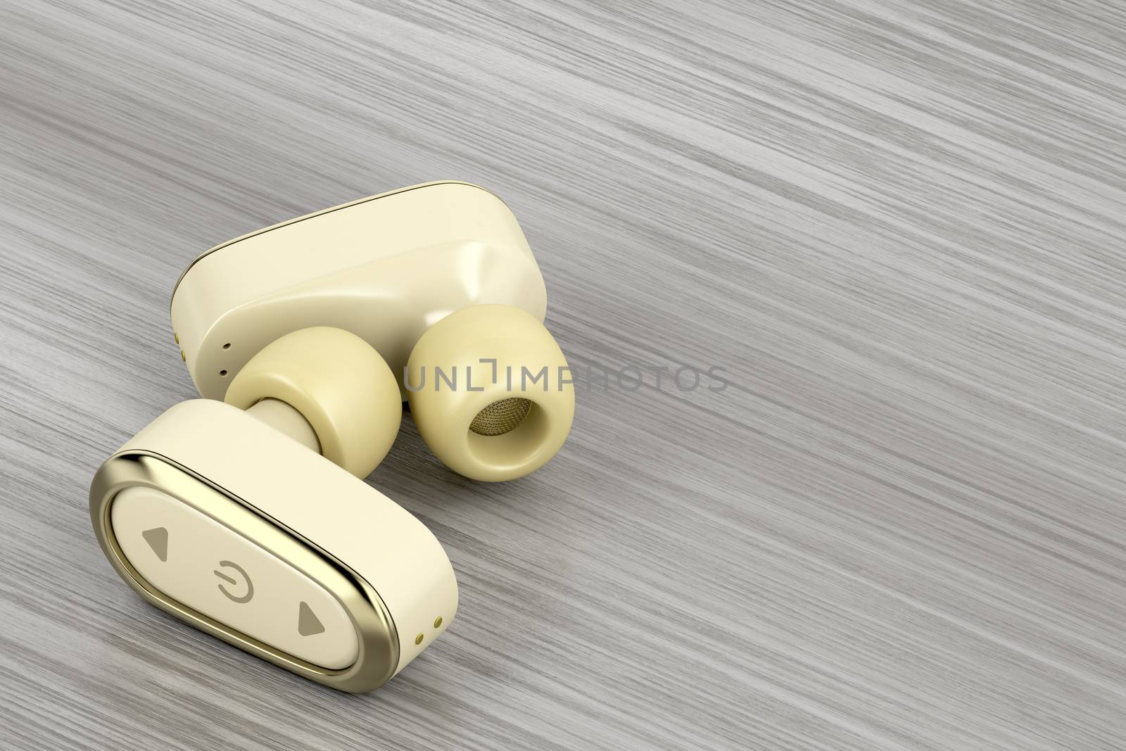 Wireless in-ear earphones on wood table, 3D illustration