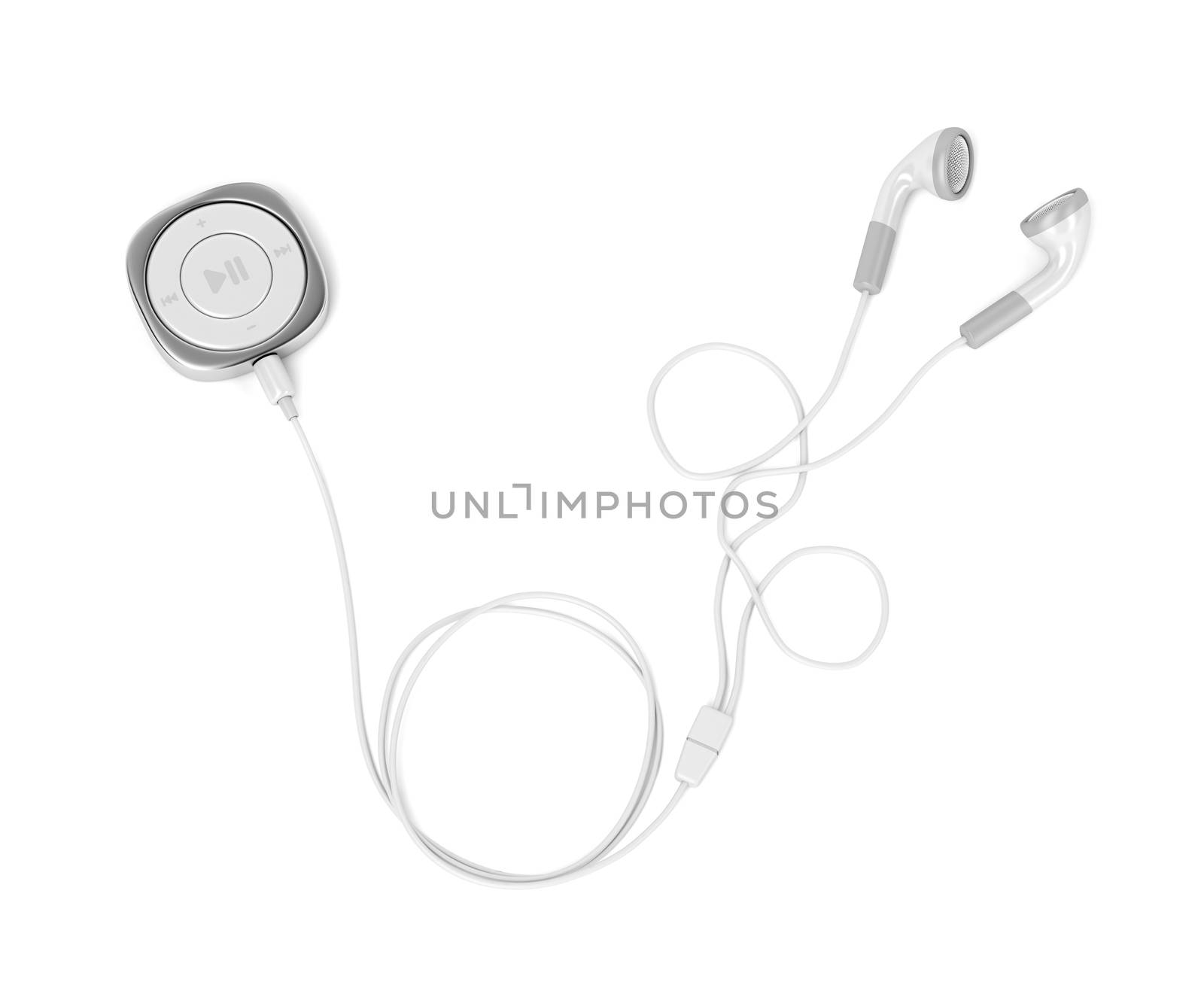 Silver music player and wired earphones on white background