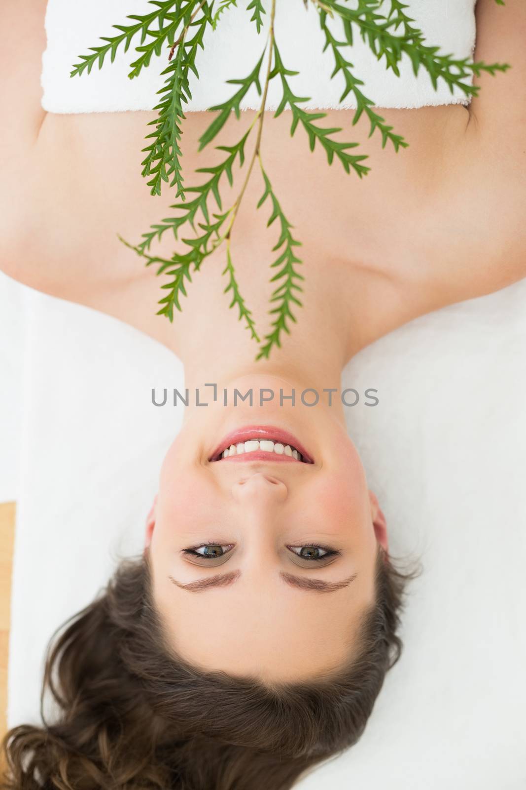 Overhead portrait of a young brunette lying with leaves on massage table in beauty salon