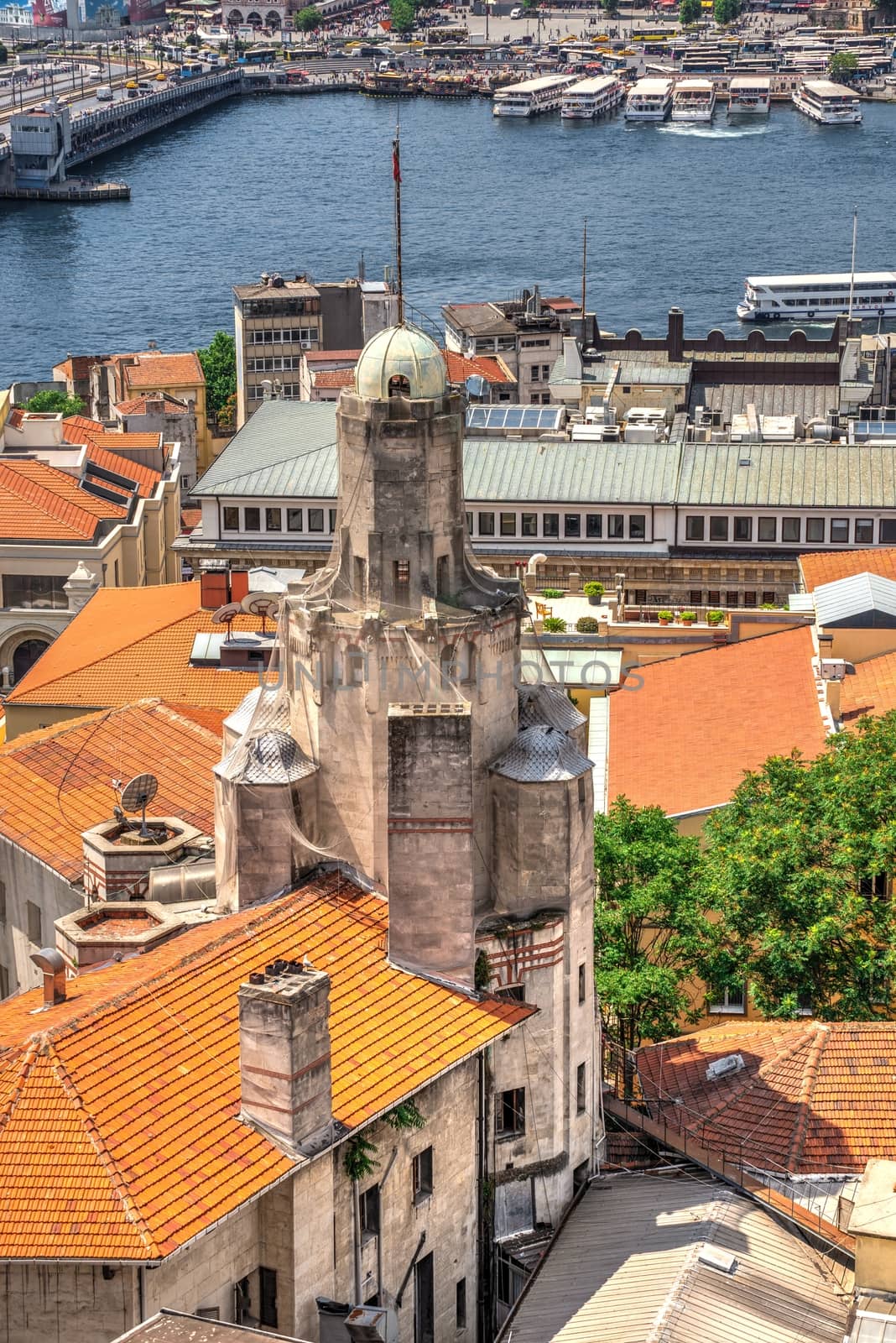 Istambul, Turkey – 07.13.2019. Top view of old house and Galata bridge in Turkey on a summer day