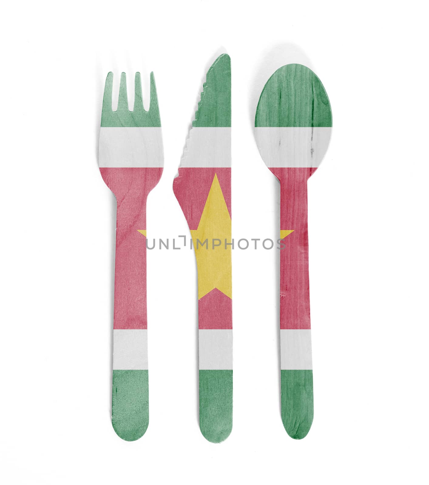 Eco friendly wooden cutlery - Plastic free concept - Isolated - Flag of Suriname