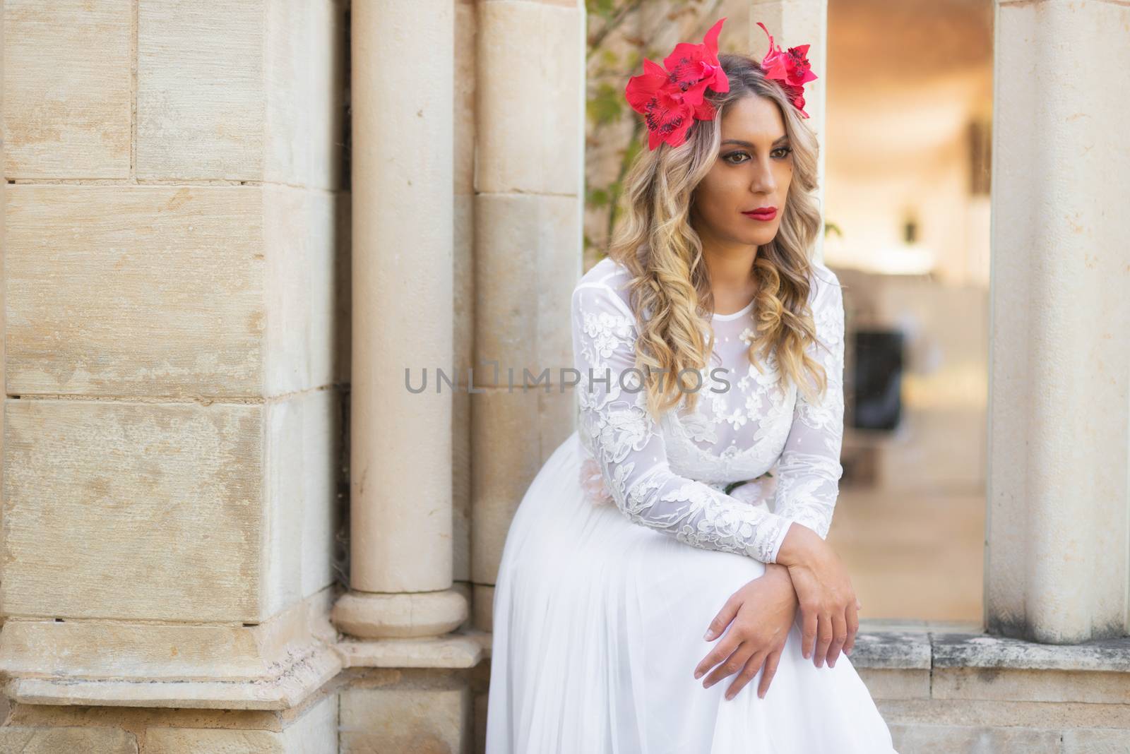 Portrait of beautiful blond girl in medieval dress with red diadem. Fairy tale scene by HERRAEZ