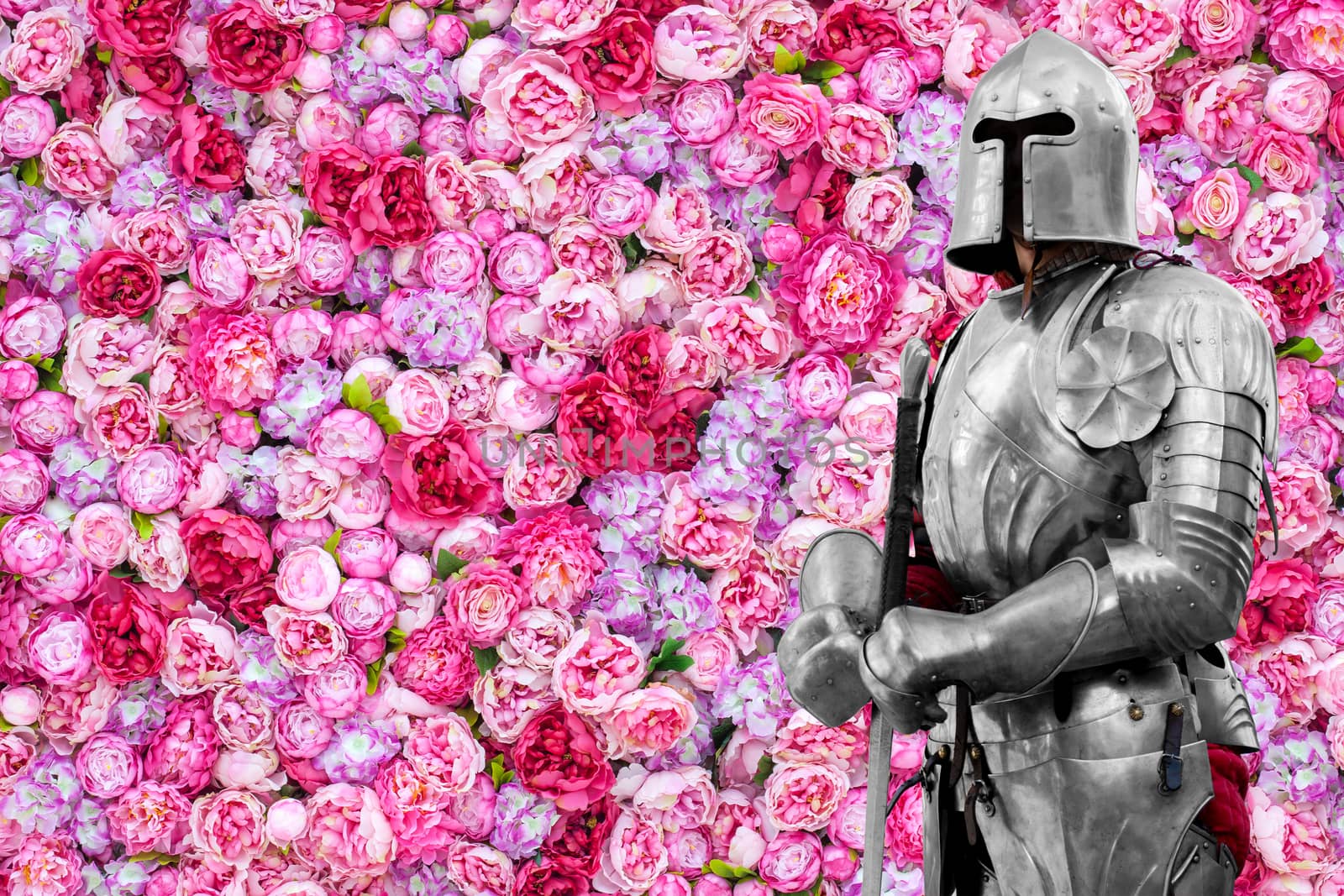 Floral background. Beautiful pink peonies. Medieval knight in armor. Romantic knightly picture.