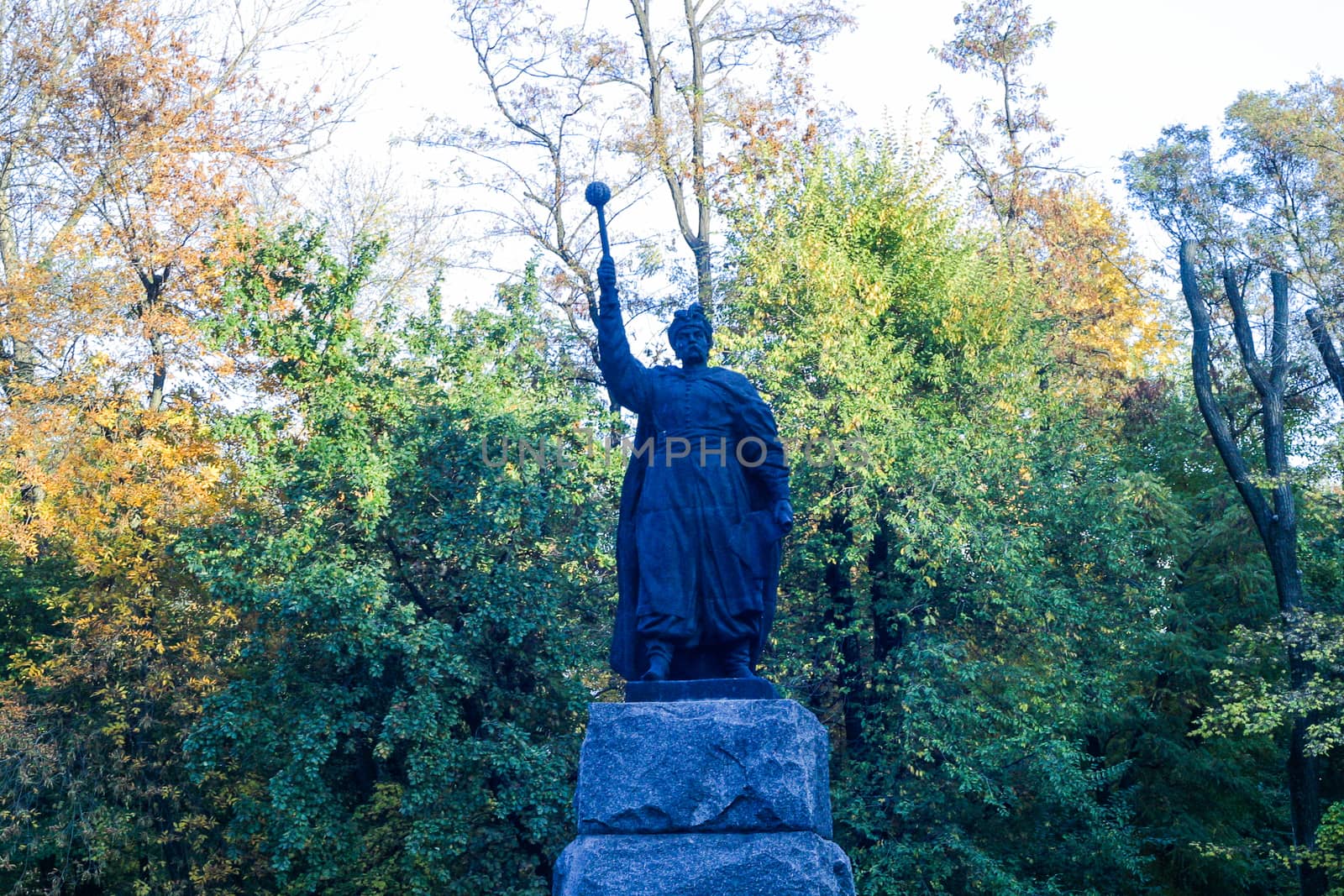 Monument to Bogdan Khmelnitsky, Hetman of Zaporozhye Cossacks, installed by Sculptors M.K. Vronsky, A.P. Oleinik, architect A.S. Levtukh. at Park Bogdan Khmelnitsky in Dnipro city, Ukraine. 08102019