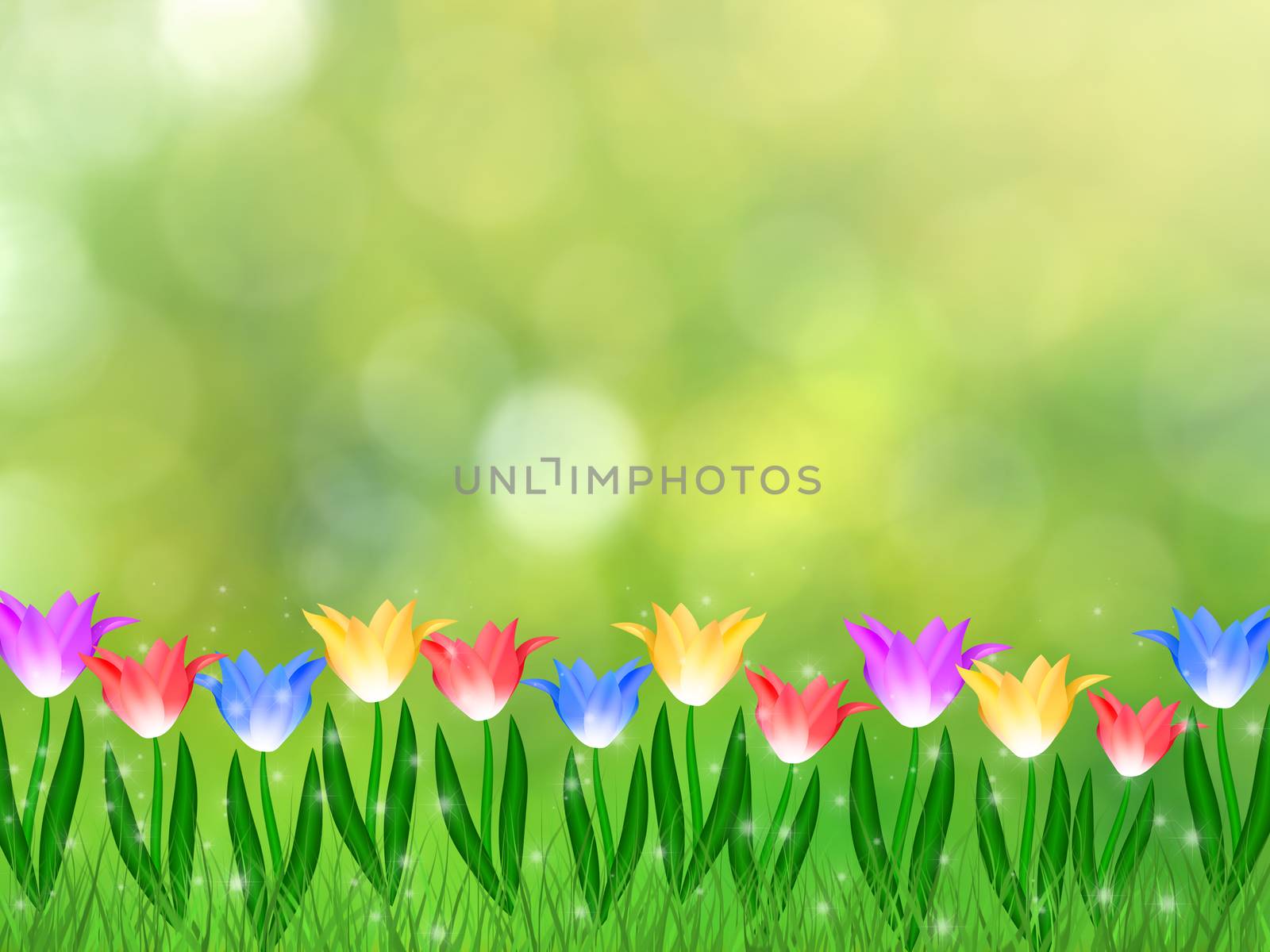 Floral spring background. Colorful red, yellow, purple, blue tulips with close up green grass. Bokeh and sparkle effect. Magical meadow with empty copy space for text.