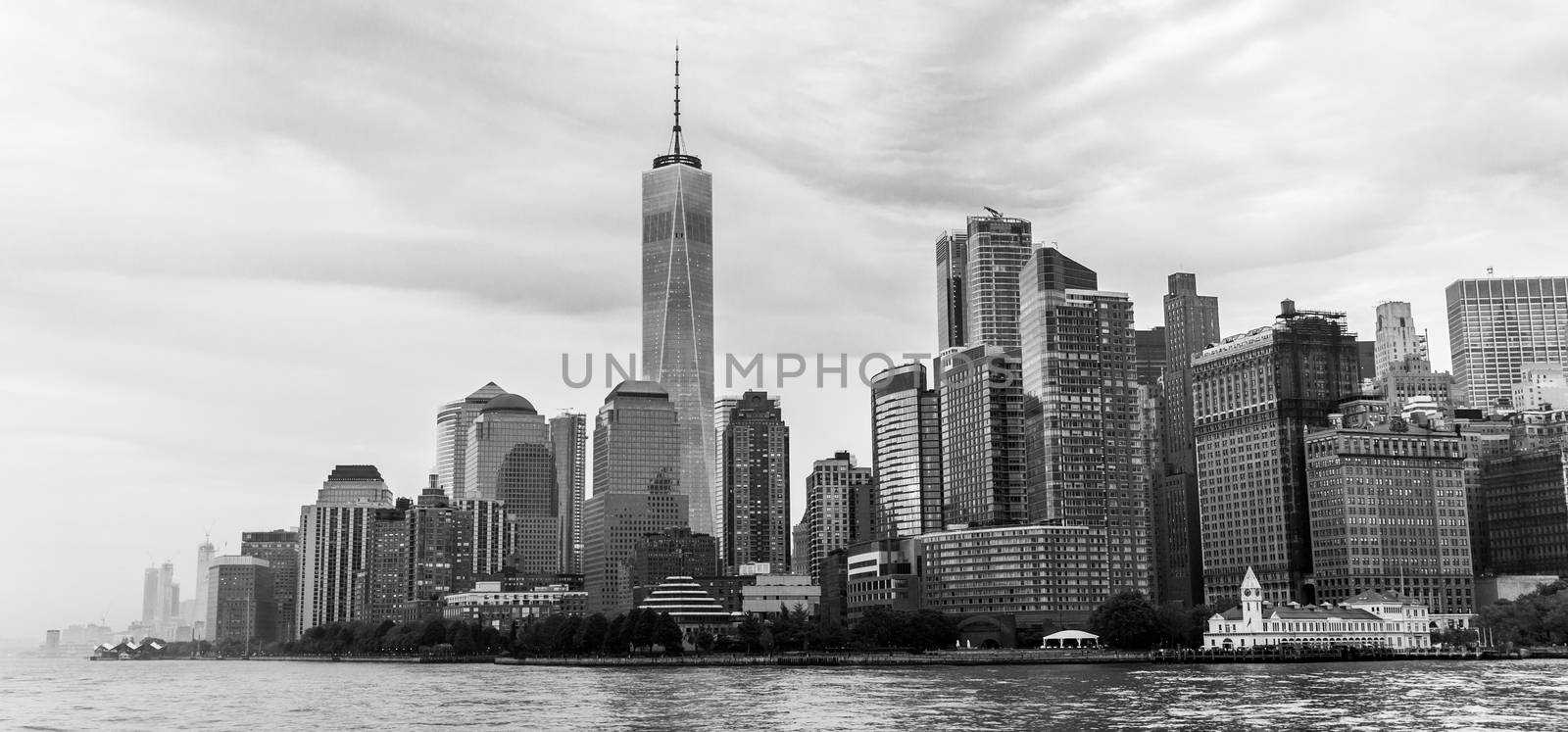 Panoramic view of Lower Manhattan, New York City, USA. Black and white.
