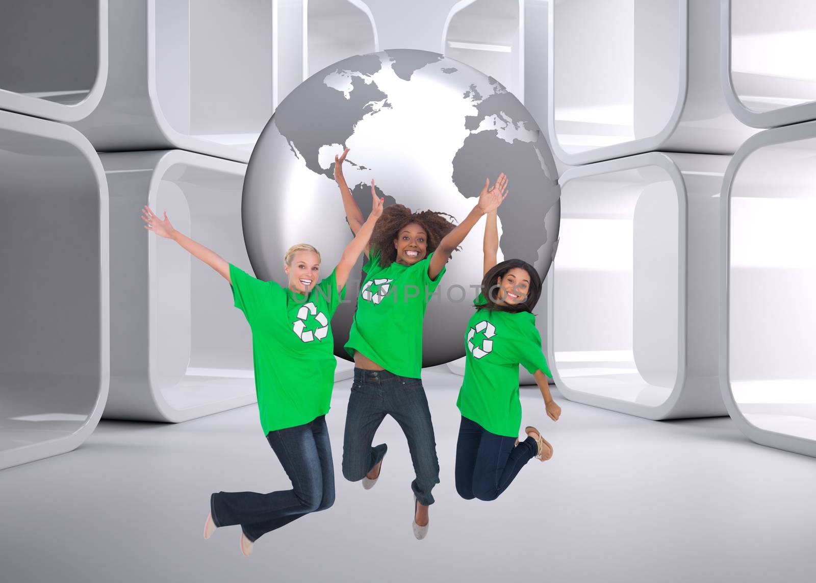 Composite image of three enviromental activists jumping and smiling