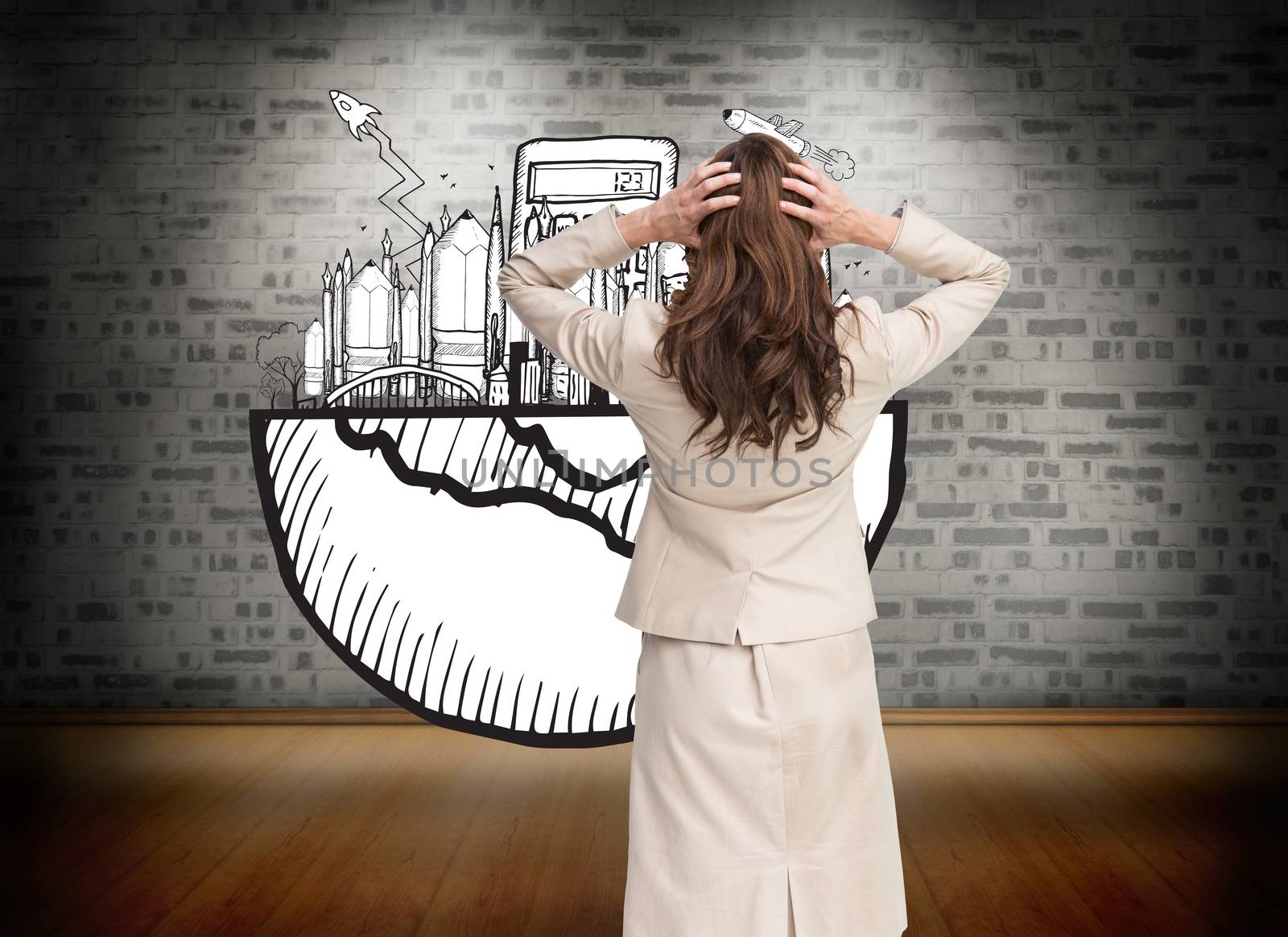 Composite image of businesswoman with hands on head standing back to camera by Wavebreakmedia