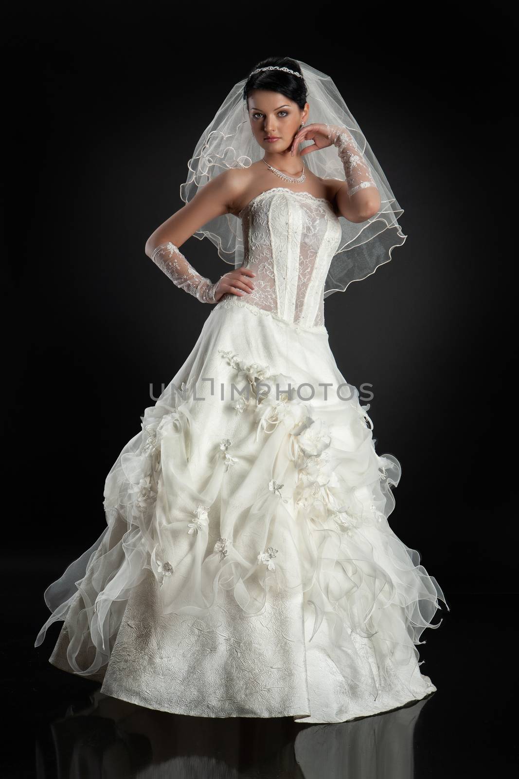 Young beautiful woman in a wedding dress on a studio background