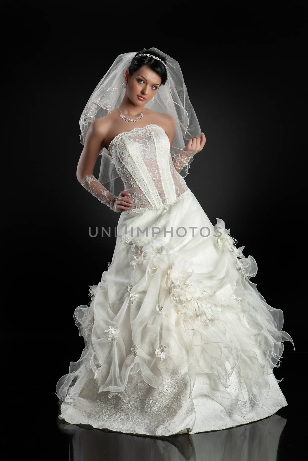 Young beautiful woman in a wedding dress on a studio background