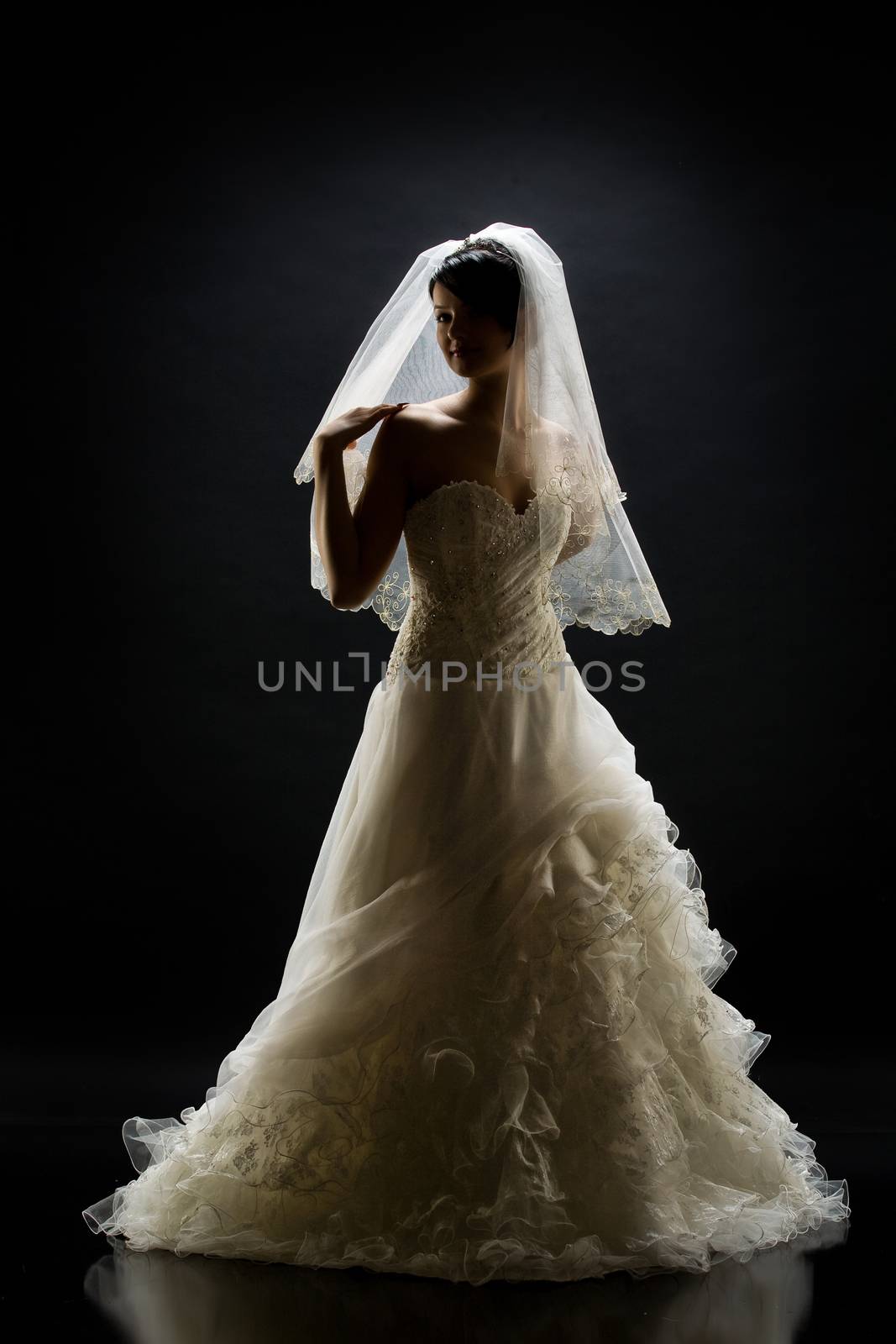 Young beautiful woman in a wedding dress on a studio background