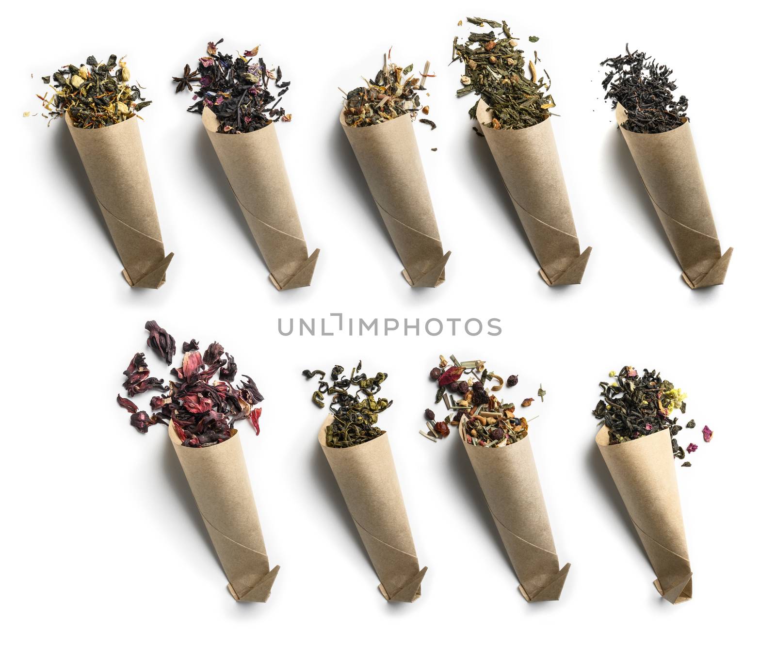 Large assortment of tea on a white background. The view from the top.