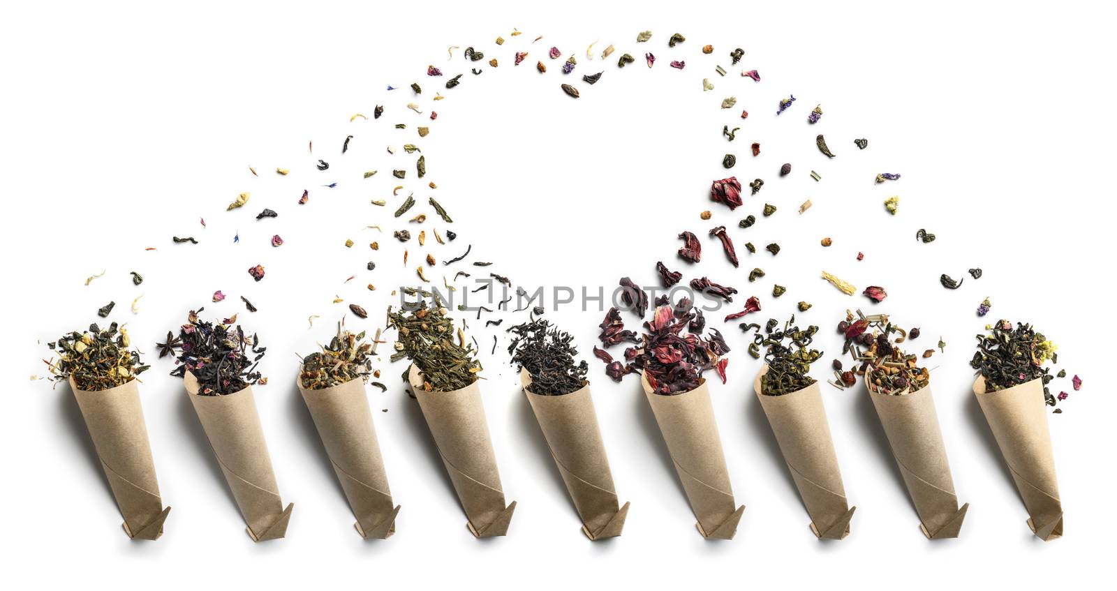 Large assortment of tea on a white background. The view from the top.