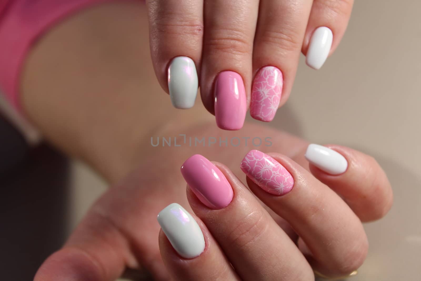 design of manicure Pink and white color by SmirMaxStock