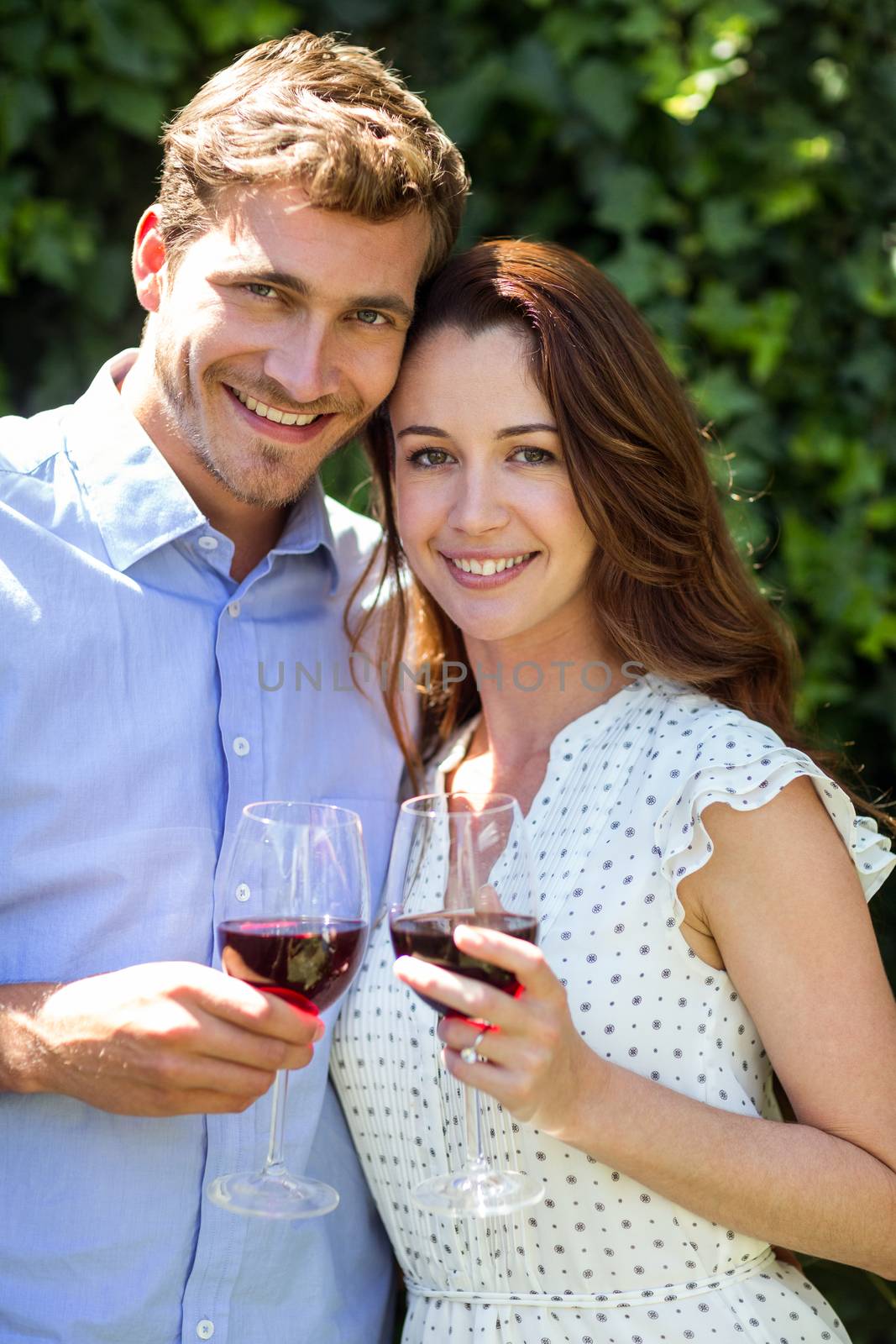 Portrait of couple holding wineglasses at front yard by Wavebreakmedia