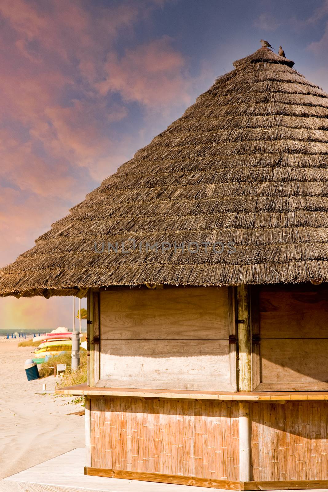 A bamboo and straw hut on an empty beach
