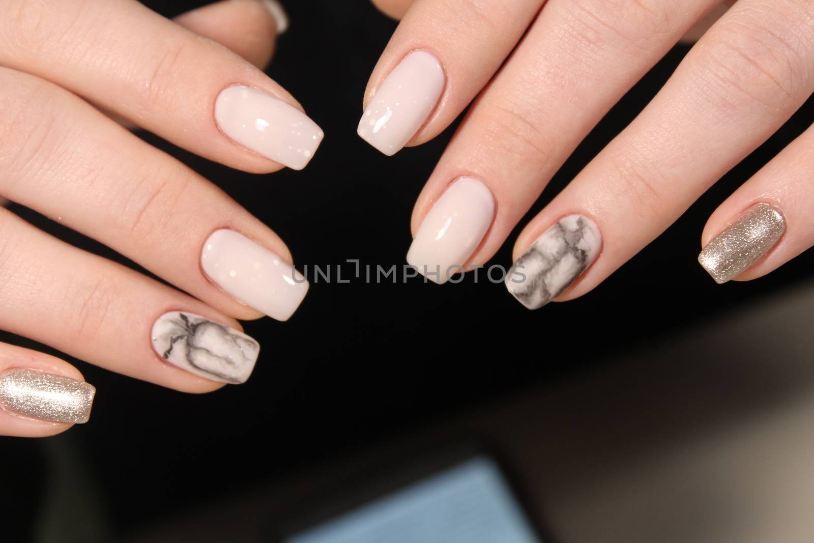 Professional nail manicure marble texture. Shaggy white background