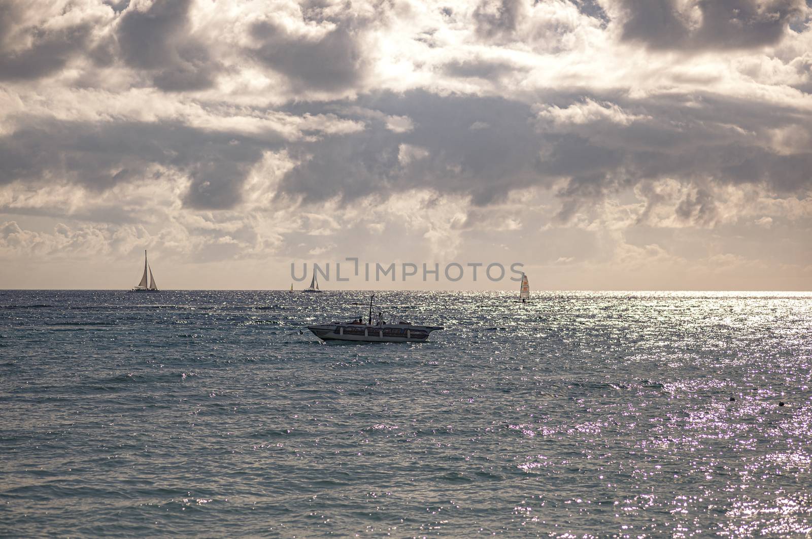 Boats on the sea on the horizon in Bayahibe, Dominican Republic