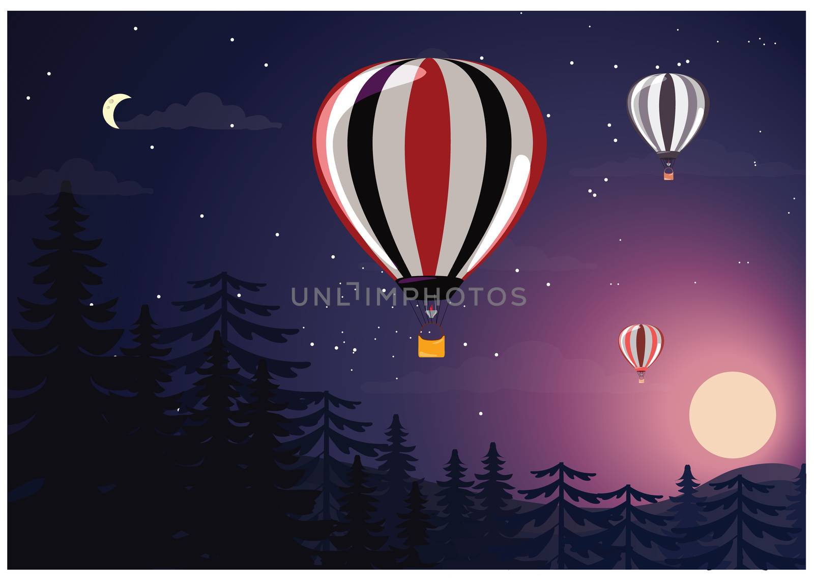 hot air balloon view in night with snow
