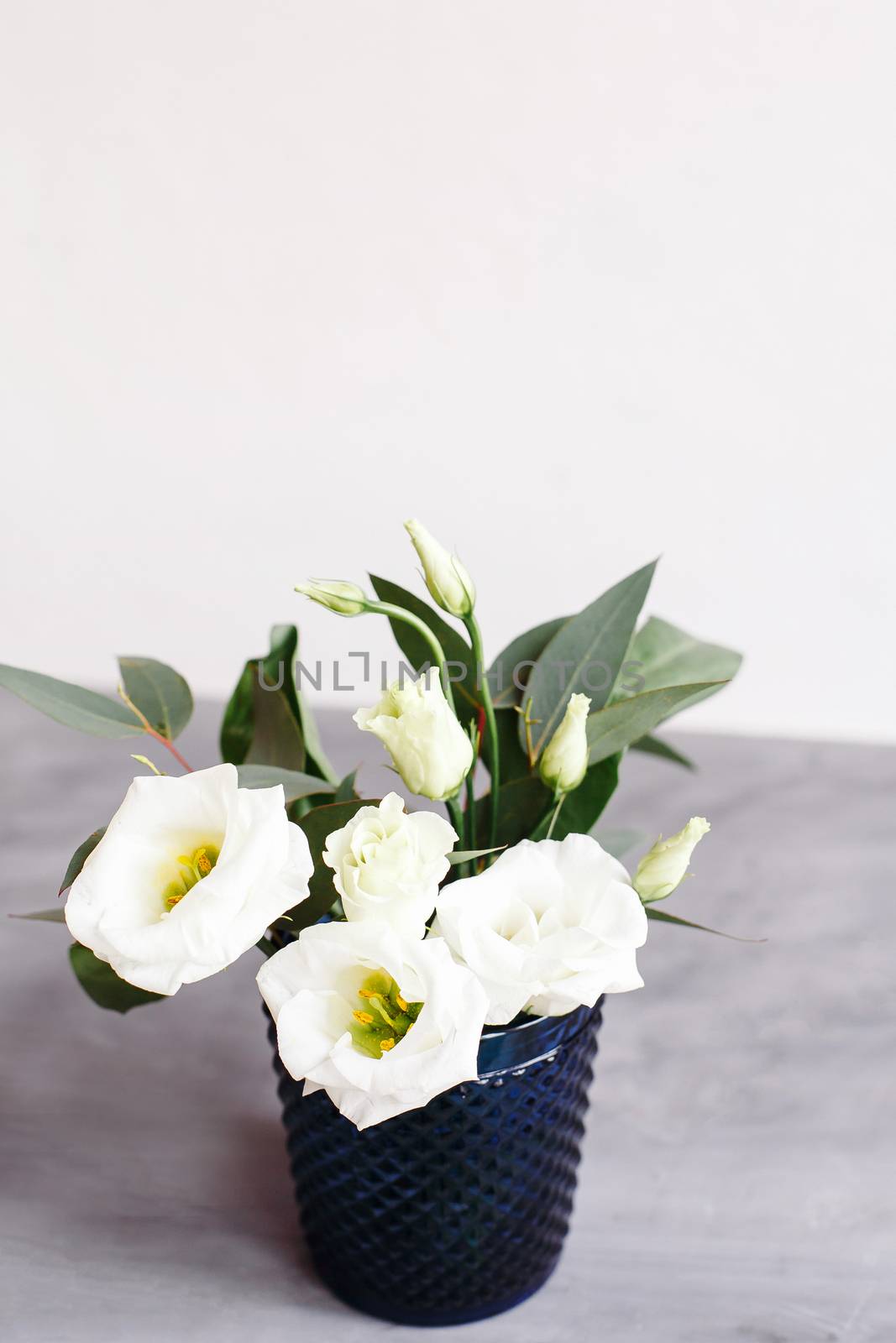 White flowers in classic blue glass. Lisianthus. Eustoma by Denys_N