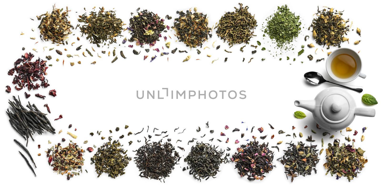 Large assortment of tea on a white background. The view from the top by butenkow