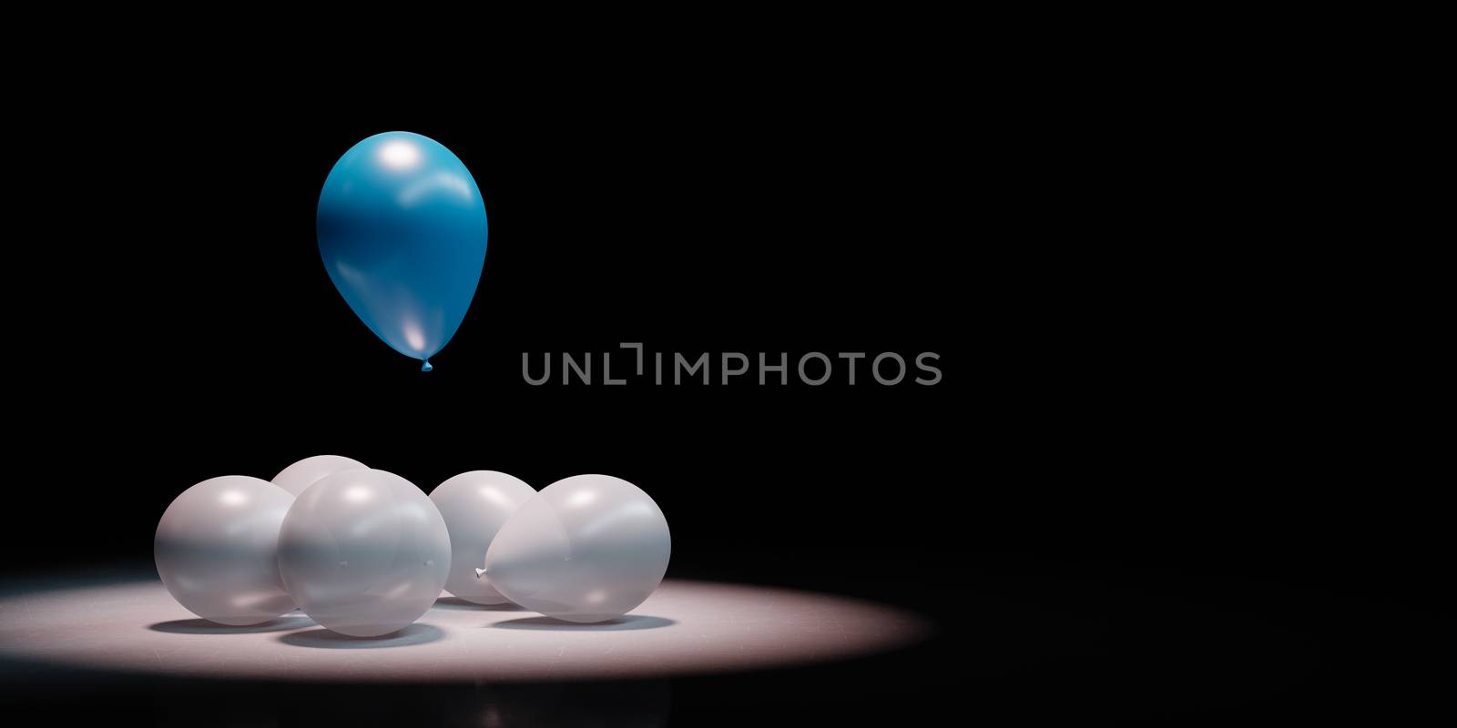 One Single Blue Balloon Rising Up from a Crowd of White Spotlighted on Black Background with Copy Space 3D Illustration