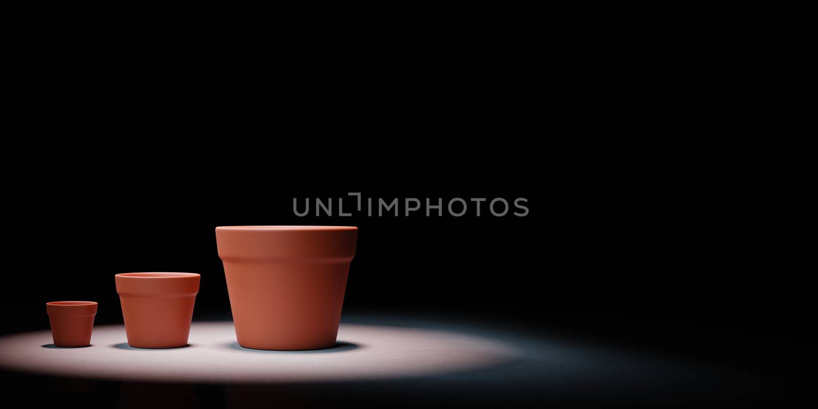 Set of Three, Increasing Size, Earthenware Empty Flowerpot Spotlighted on Black Background with Copy Space 3D Illustration