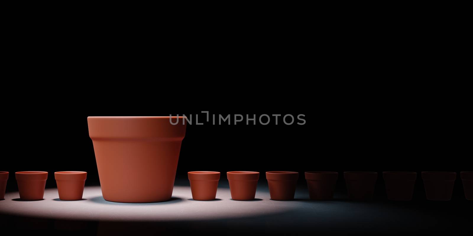 One Big Empty Flowerpot Between a Set of Small Flowerpots Spotlighted on Black Background with Copy Space 3D Illustration