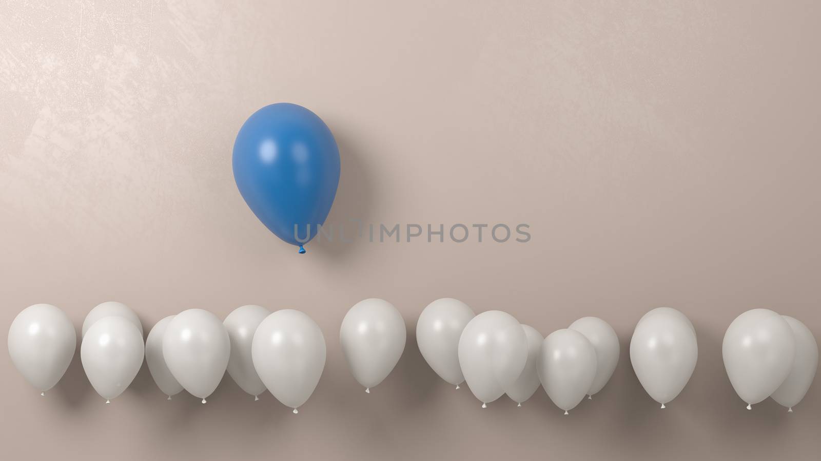 Blue Balloon Rising Up from a Crowd of White Against Gray Wall with Copy Space 3D Illustration
