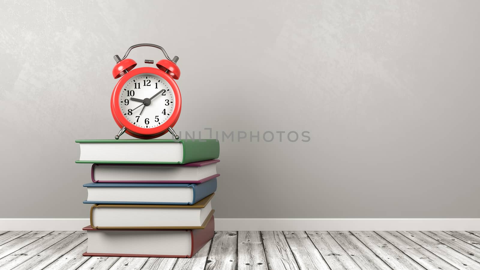Stack of Books with Alarm Clock on Wooden Floor Against Gray Wall with Copy Space 3D Illustration