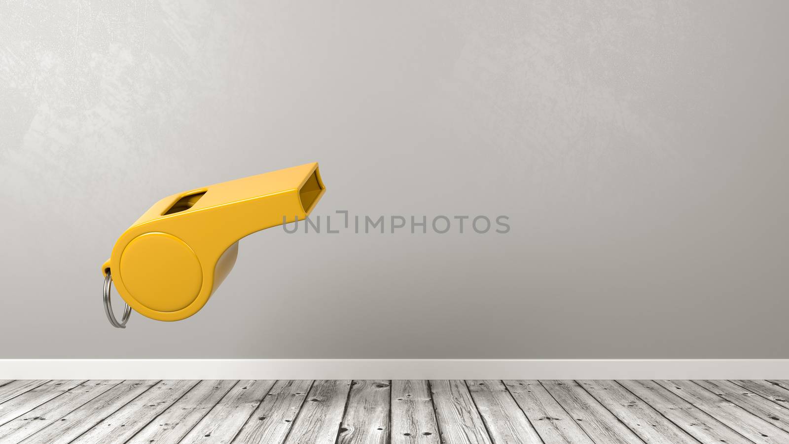 One Yellow Plastic Whistle in a Wooden Floor Room with Gray Wall with Copy Space 3D Illustration