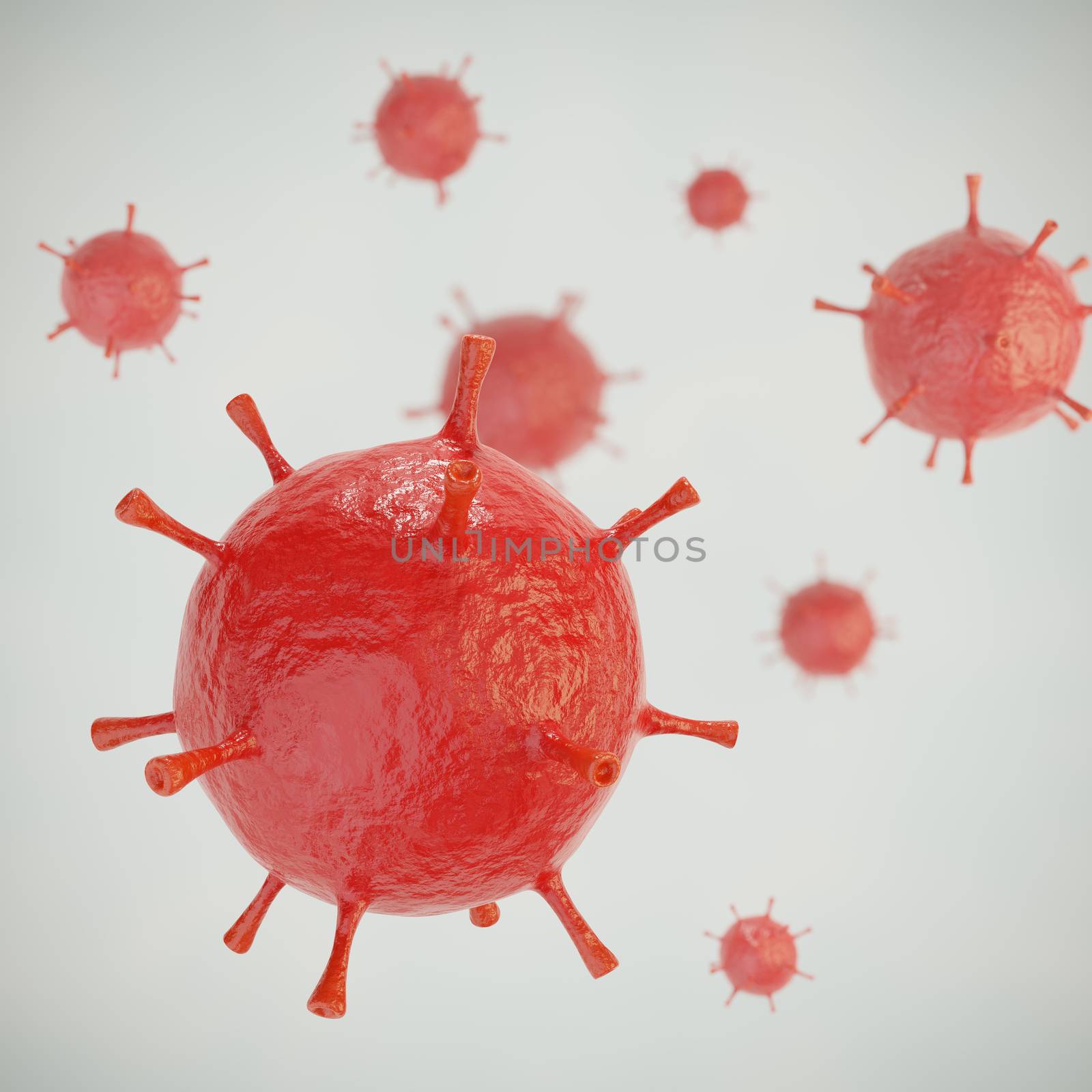 Red Virus Close Up on Gray Background 3D Illustration