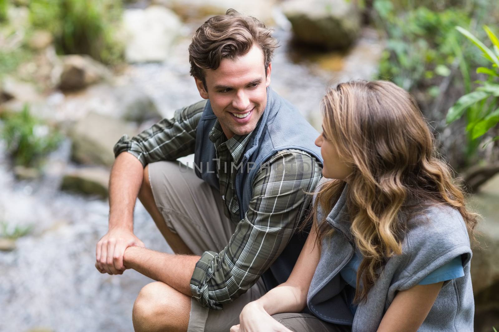 High angle view of romantic hikers looking at each other