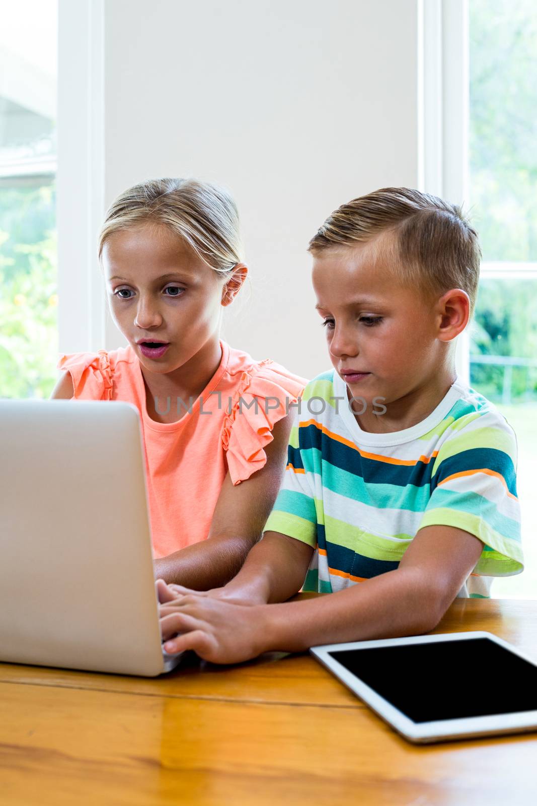 Curious siblings learning while using laptop at home 
