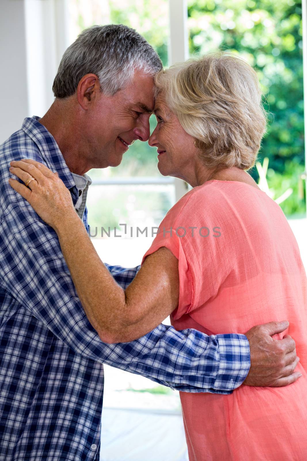 Romantic senior couple embracing at home