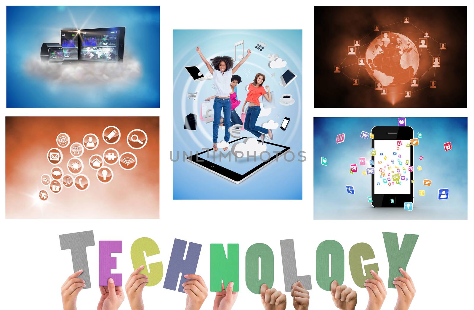 Collage of technology devices on white background