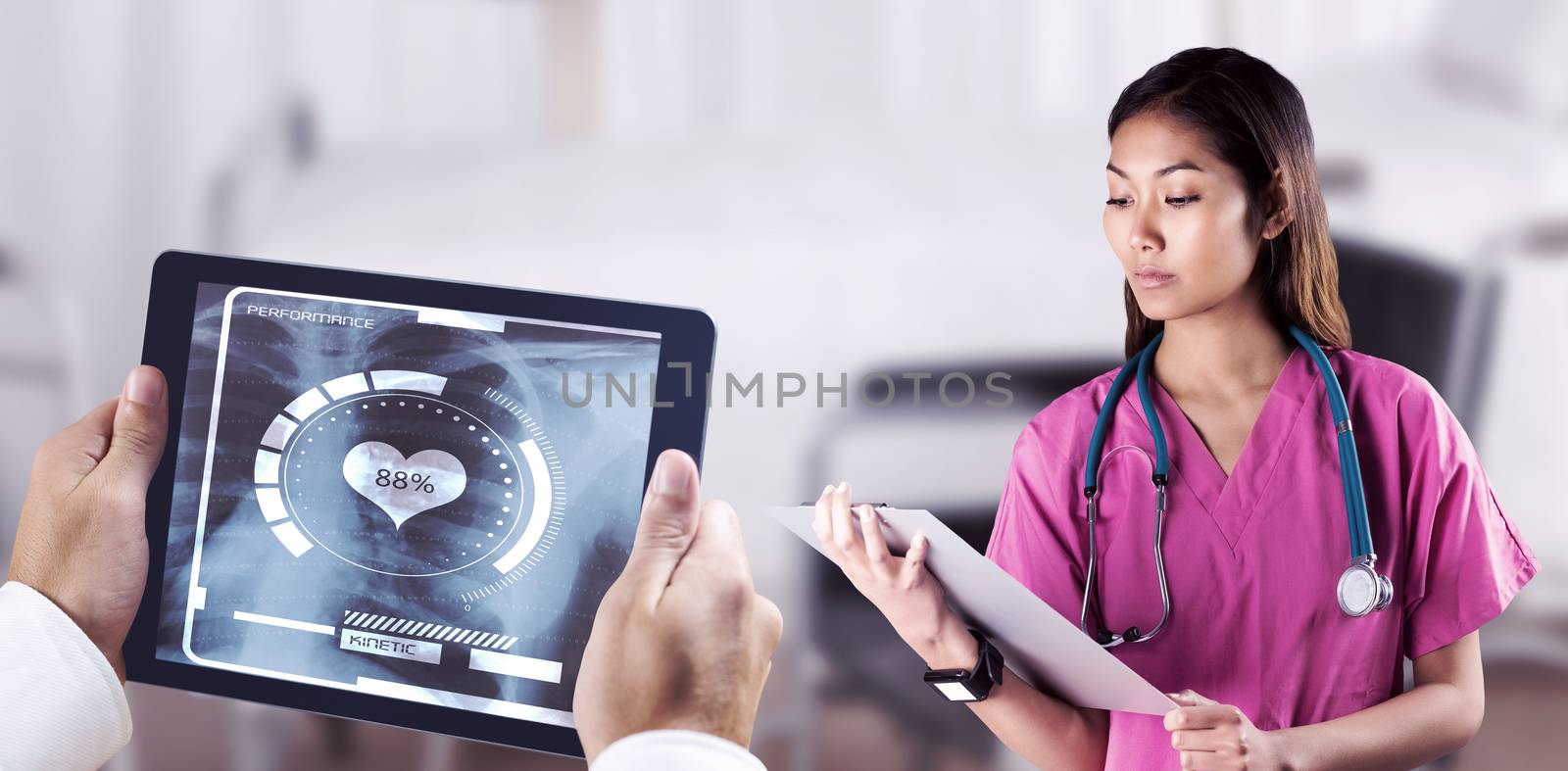 Asian nurse with stethoscope looking at the camera against serious female scientist writing on her clipboard