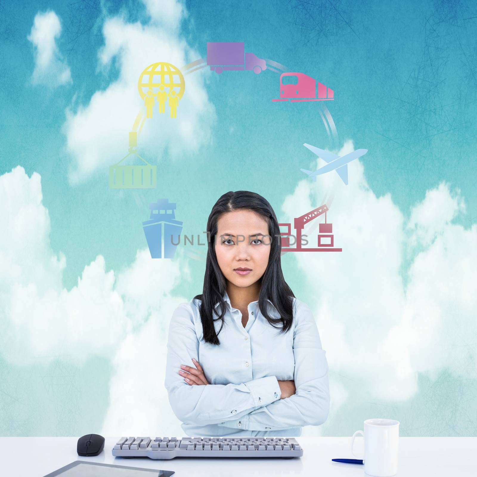 Woman with arms crossed looking at camera against blue sky