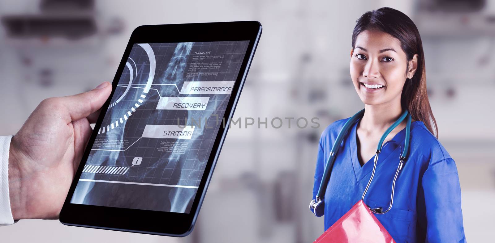 Asian nurse with stethoscope looking at the camera against sterile bedroom